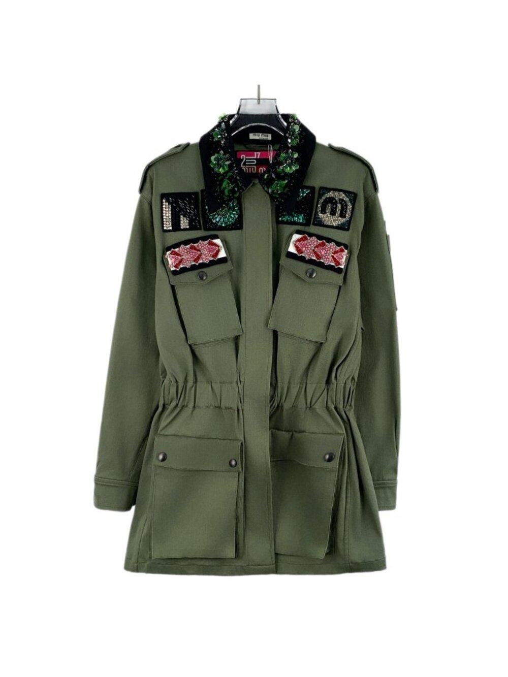 Miu Miu Army Green Beaded Embroidered Waist-Cinched Cotton Jacket